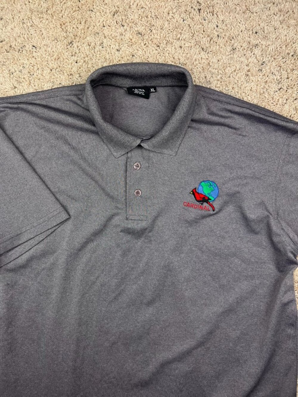 AKWA Mens XL Polo Gray Red Cardinal Bird Planet Earth Logo USA Made Casual